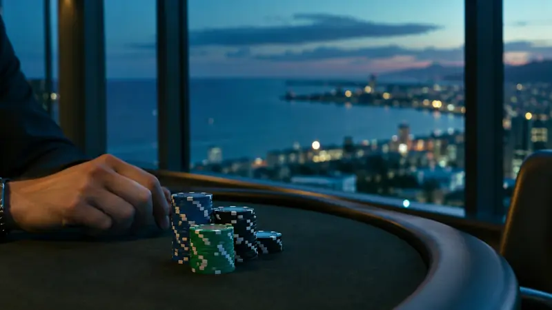 Casino chips by a window overlooking the sea at night