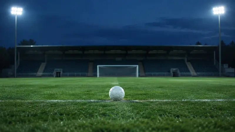 Floodlit football pitch before kick-off