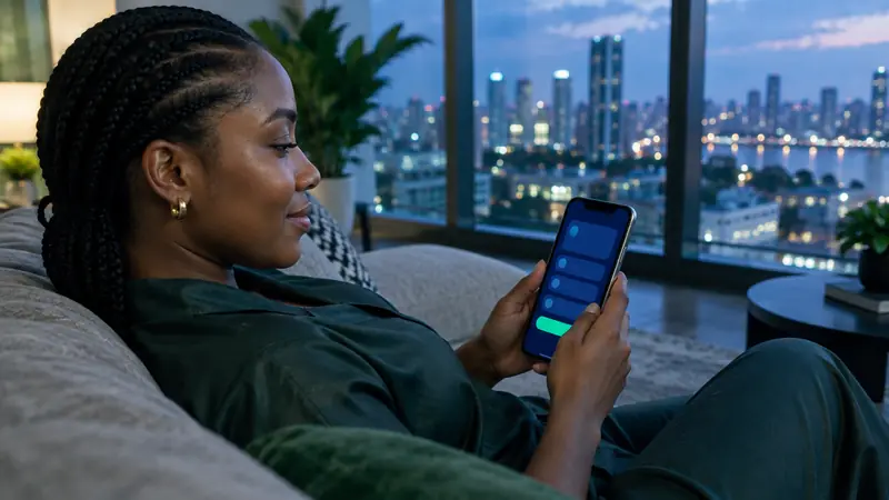 Player in a Lagos apartment opening a casino app on her phone