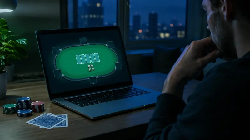 Online poker table on a laptop at night